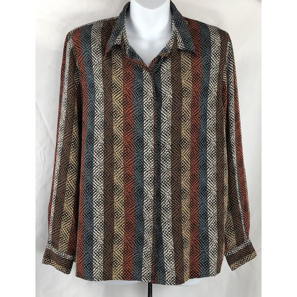 Vintage Alfred Dunner silky top 12 multi Geo button up LongSleeve collar Career - Picture 4 of 5